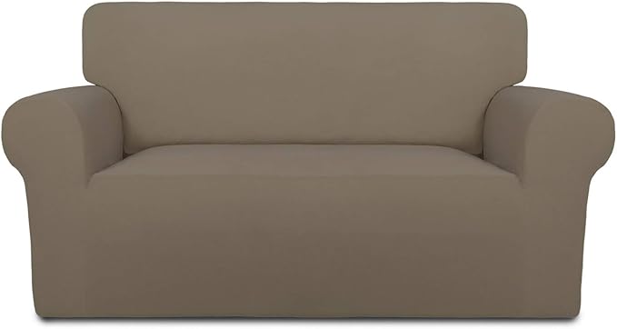 PureFit Super Stretch Sofa Slipcover – Spandex Non Slip Soft Couch Sofa Cover, Washable Furniture Protector with Non Skid Foam and Elastic Bottom for Kids, Pets （Loveseat, Natural）