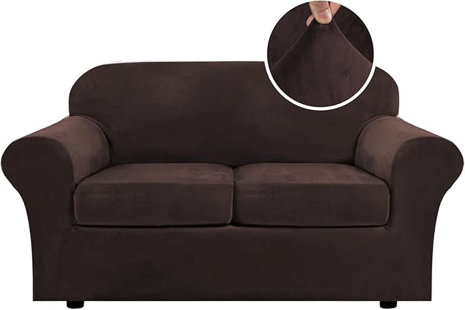 H.VERSAILTEX Real Velvet Plush 3 Piece Stretch Sofa Covers Couch Covers for 2 Cushion Couch Loveseat Covers Width Up to 72 Inch Feature Thick Soft Stay in Place (Medium Sofa, Brown)