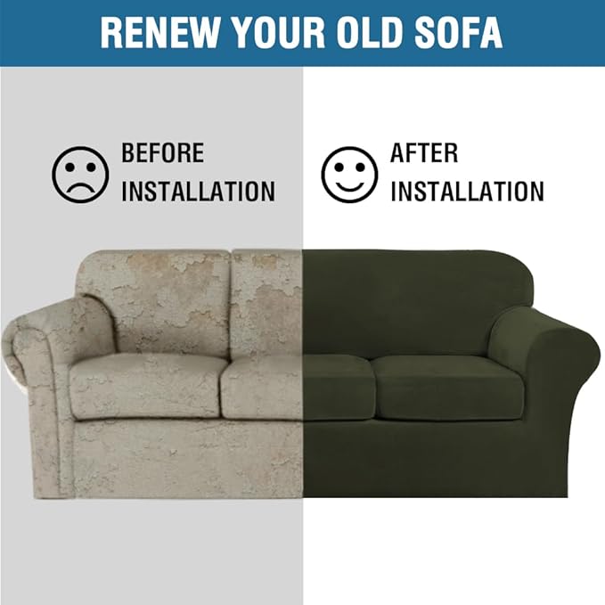 H.VERSAILTEX Modern Velvet Plush 4 Piece High Stretch Sofa Slipcover Furniture Protector Form Fit Velvet Extra Large Sofa Cover for 3 Cushion Couch Width Up to 105 Inch (XL Sofa, Olive)