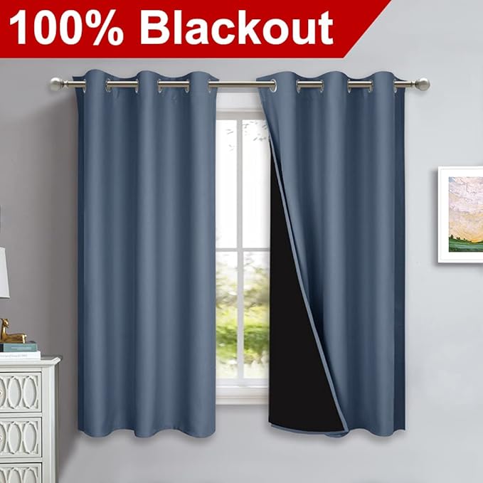 NICETOWN 100% Blackout Curtains Thermal, Stone Blue, 1 Pair, W37 x L60, Noise Reduction and Privacy Curtains for Patio Door, Black Lined Blackout Drapes with Grommet Top