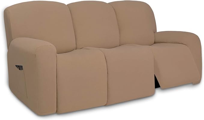 PureFit Super Stretch 3 Seats Recliner Chair Sofa Couch Cover with Pocket – Non Slip Soft Sofa Slipcover, Washable Spandex Reclining Furniture Protector for Kids, Pets (Recliner Sofa, Camel)
