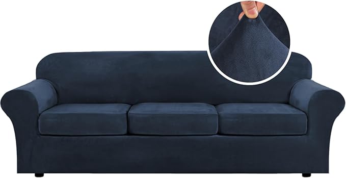 H.VERSAILTEX Velvet 4 Piece High Stretch Sofa Slipcover Sofa Cover Furniture Protector Form Fit Luxury Thick Velvet Extra Large Sofa Cover for 3 Cushion Couch Width Up to 105 Inch (XL Sofa, Navy)