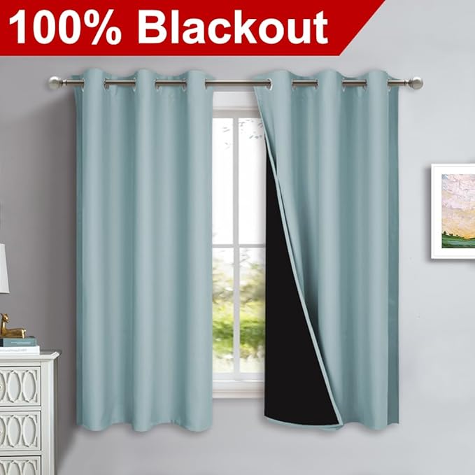 NICETOWN 100% Blackout Short Curtains with Black Liners, Sky Blue, 2 Panels, 37" W by 63" L, Solid Thermal Insulated Full Blackout 2-Layer Lined Drapes, Energy Efficiency Window Draperies for Bedroom