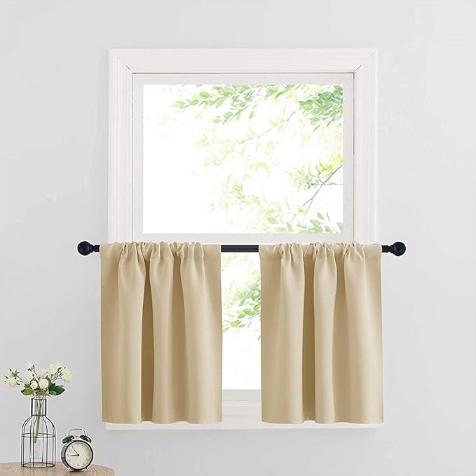 RYB HOME Cafe Curtains 24 inch Length, RV Curtains for Camper Windows, Mini Short Small Insulating Light UV Heat Blocking Privacy Half Window Tiers, Width 29 by Length 24, Biscotti Beige, 2 Panels