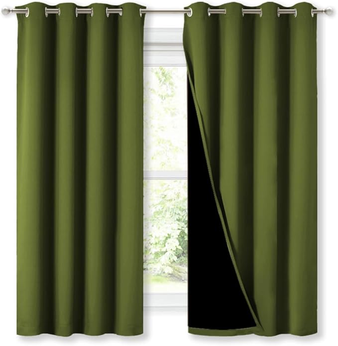 NICETOWN 100% Blackout Curtains 45 inches Long, Olive Green, 1 Pair, 52 inches Width Each Panel, 2 Thick Layers Completely Blackout Window Treatment Thermal Insulated Lined Drapes for Small Window