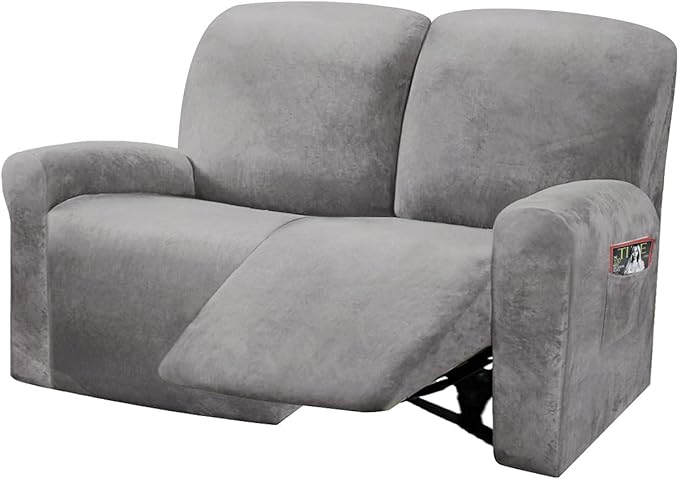 ULTICOR Reclining Love Seat Slipcover, 48" - 65" L, 6-Piece Velvet Stretch Loveseat Reclining Sofa Covers, 2 seat Love seat Recliner Cover, Thick, Soft, Washable (Light Grey)
