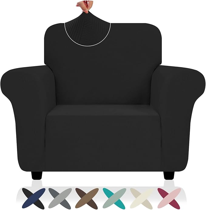 ZNSAYOTX Chair Cover with Arms (30"-47"), New Striped Sofa Chair Covers for Living Room, Dogs Pet Friendly Anti-Slip Chair Protector Spandex Armchair Slipcovers (Black, Chair)