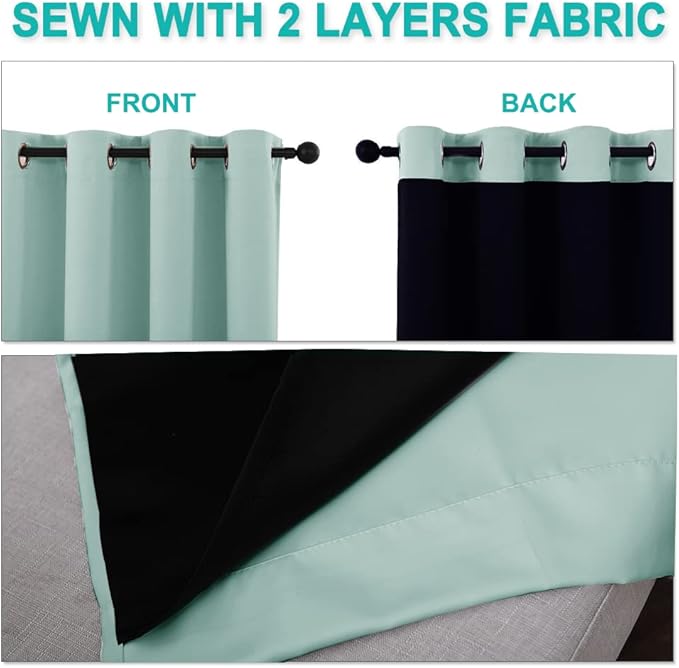 NICETOWN Aqua Blue 100% Blackout Lined Curtains, 2 Thick Layers Completely Blackout Window Treatment Thermal Insulated Drapes for Kitchen/Bedroom (1 Pair, 52" Width x 63" Length Each Panel)