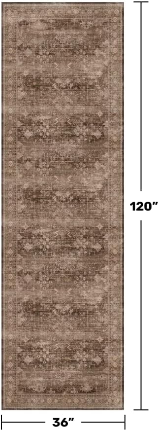 Hazo Haus Brown Earthy Boho Washable 3x10 Extra Long Hallway Runner Rug, Waterproof Large Kitchen Floor Rug Indoor, Non-Slip Stain & Fade Resistant, Vintage Dark Taupe Decor