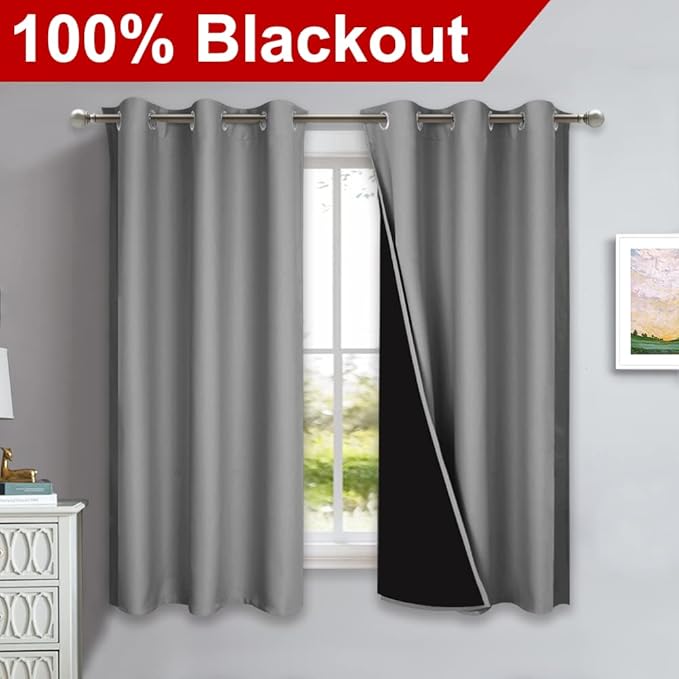 NICETOWN 100% Blackout Curtains with Black Liners, Solid Thermal Insulated Full Blackout 2-Layer Lined Drapes, Energy Efficiency Window Draperies for Bedroom (2 Panels, 42" W by 63" L, Silver Grey)