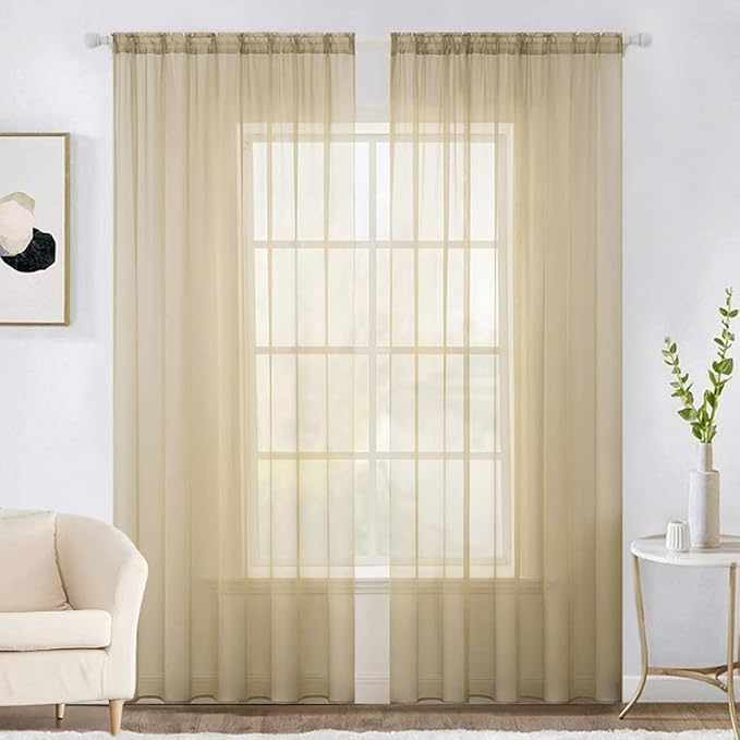 MIULEE 2 Panels Solid Color Sheer Window Curtains Elegant Window Voile Panels/Drapes/Treatment for Bedroom Living Room (54X90 Inches Beige)