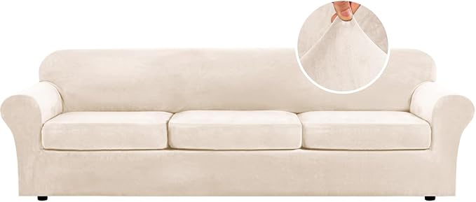 H.VERSAILTEX Modern Velvet Plush 4 Piece High Stretch Sofa Slipcover Furniture Protector Form Fit Velvet Extra Large Sofa Cover for 3 Cushion Couch Width Up to 105 Inch (XL Sofa, Cream)