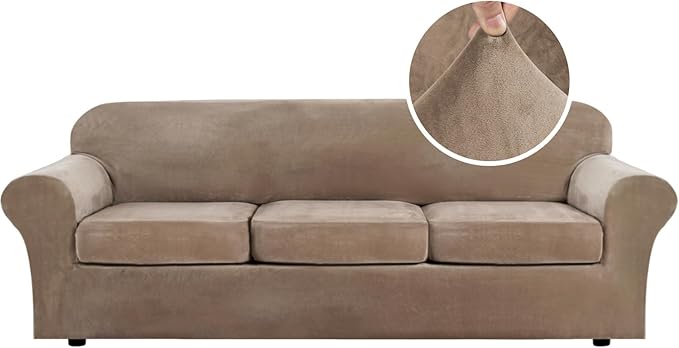 H.VERSAILTEX Velvet Plush 4 Piece High Stretch Sofa Slipcover Cover Furniture Protector Form Fit Thick Velvet Extra Large Sofa Cover for 3 Cushion Couch Width Up to 105 Inch (XL Sofa, Camel)
