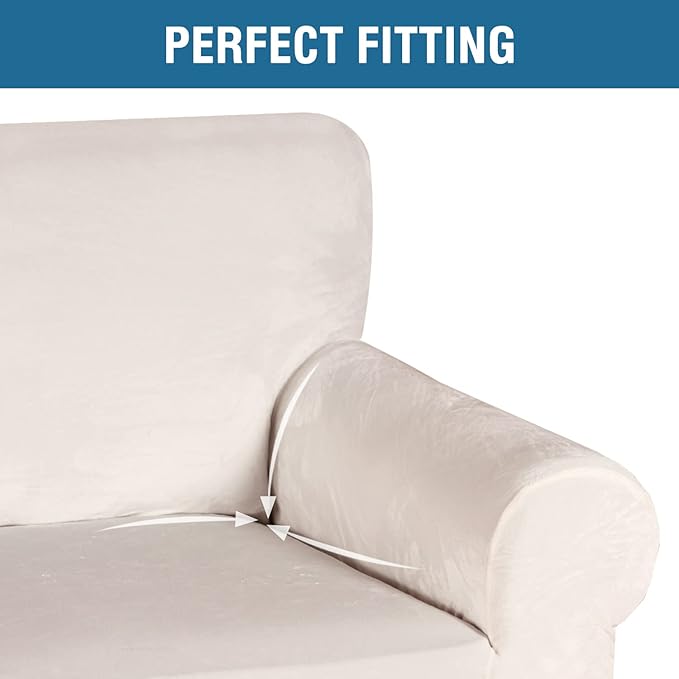 H.VERSAILTEX Stretch Velvet Sofa Covers for 3 Cushion Couch Covers Sofa Slipcovers Furniture Protector Soft with Non Slip Elastic Bottom, Crafted from Thick Comfy Rich Velour (Sofa 72"-90", Ivory)