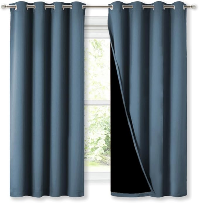 NICETOWN Extra Long Truly Blackout Drapes for Hall and Villa, 46" Width Each Panel, 45" Length, Smoky Blue, 2 Pieces, 100% Blackout Window Curtain Panels with Black Lined for Night Shift Worker
