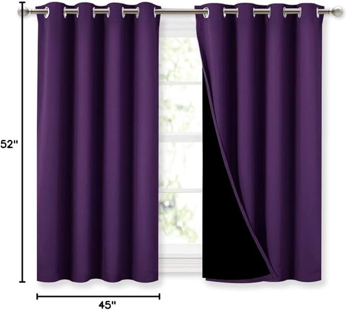 NICETOWN Kitchen Full Blackout Curtain Panels, Super Thick and Soft Insulated Window Covers, 100% Blackout Draperies with Black Backing for Cafe Window (Royal Purple, Set of 2 PCs, 52 by 45-inch)