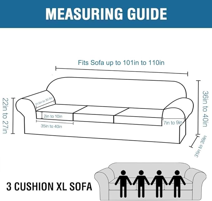 H.VERSAILTEX 4 Piece Stretch Sofa Covers for 3 Cushion Couch Covers for Living Room Furniture Slipcovers (Base Cover Plus 3 Seat Cushion Covers) Upgraded Thicker Jacquard Fabric (XL Sofa, Dove)