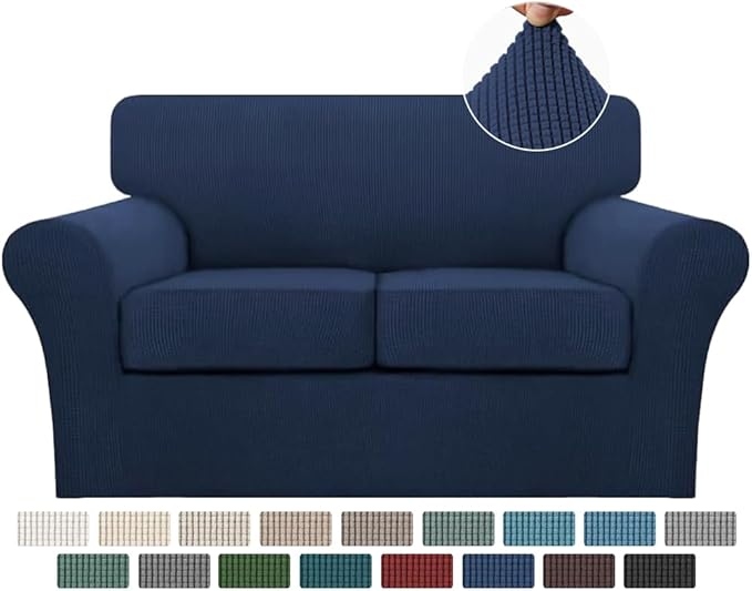 Turquoize 3 Piece Sofa Covers for 2 Cushion Couch Sofa Slipcover Soft Couch Cover for Dogs-Washable Sofa Furniture Covers with 2 Individual Cushion Covers, Thick Jacquard Fabric (Loveseat, Navy)