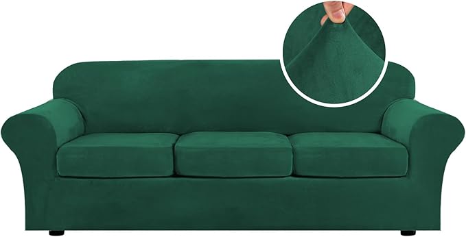 H.VERSAILTEX High Stretch Sofa Slipcover 4 Piece Cover Velvet Furniture Protector Form Fit Thick Velvet Extra Large Sofa Cover for 3 Cushion Couch Width Up to 97 Inch (Large Sofa, Green)