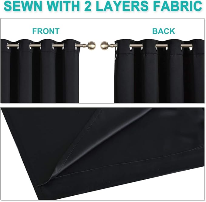 NICETOWN Extra Long Truly Blackout Drapes for Hall and Villa, 46-inch Width Each Panel, 45-inch Length, Black, 2 Pieces, 100% Blackout Window Curtain Panels with Black Lined for Night Shift Worker