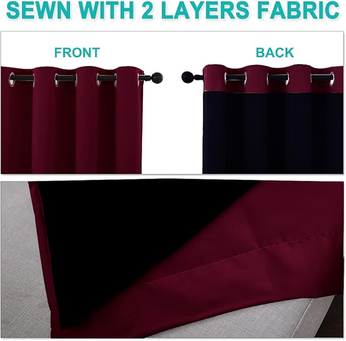 NICETOWN 100% Blackout Short Curtains with Black Liners, 2 Panels, 37" W by 60" L, Wine Red, Solid Thermal Insulated Full Blackout 2-Layer Lined Drapes, Energy Efficiency Window Draperies for Bedroom