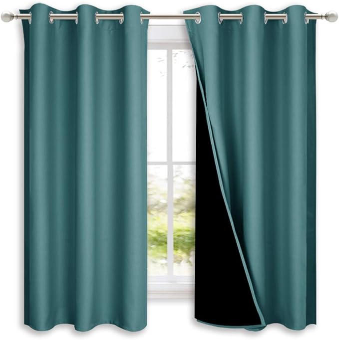 NICETOWN 100% Blackout Curtains 45 inches Long, Sea Teal, 1 Pair, 42 inches Width Each Panel, 2 Thick Layers Completely Blackout Window Treatment Thermal Insulated Lined Drapes for Small Window