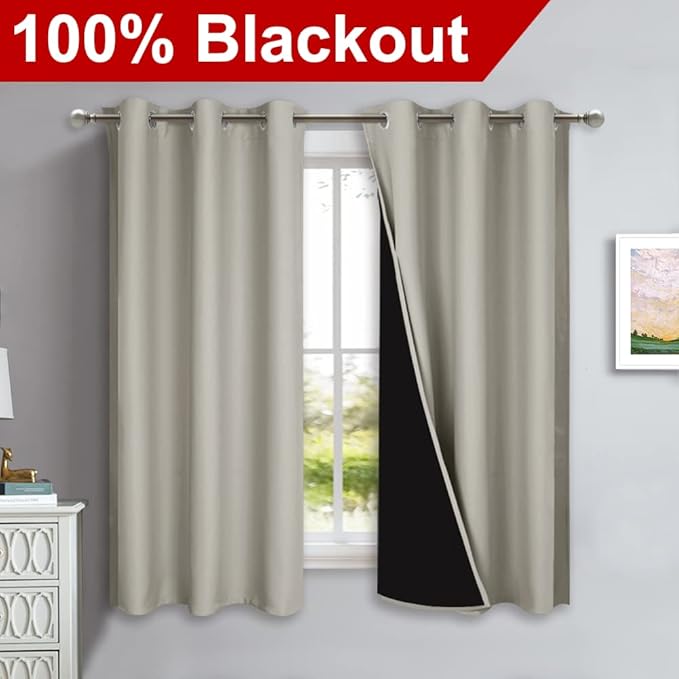 NICETOWN Natural 100% Blackout Lined Curtains, 2 Thick Layers Completely Blackout Window Treatment Panels Thermal Insulated Drapes for Kitchen (1 Pair, 42" Width x 63" Length Each Panel)