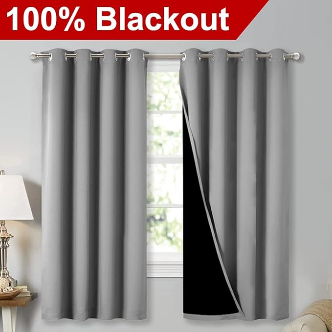 NICETOWN 100% Blackout Curtains with Black Liners, Thermal Insulated Full Blackout 2-Layer Lined Drapes, Energy Efficiency Window Draperies for Bedroom (Silver Grey, 2 Panels, 52-inch W by 63-inch L)