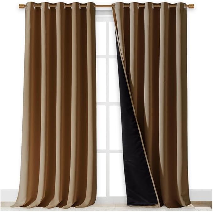 NICETOWN Total Shade Curtains and Draperies, Gold Brown, Package of 2, 62 inches Wide x 95 inches, LongHeavy-Duty Full Light Shading Drapes with Black Liner Backing for Villa/Hall/Dorm Window