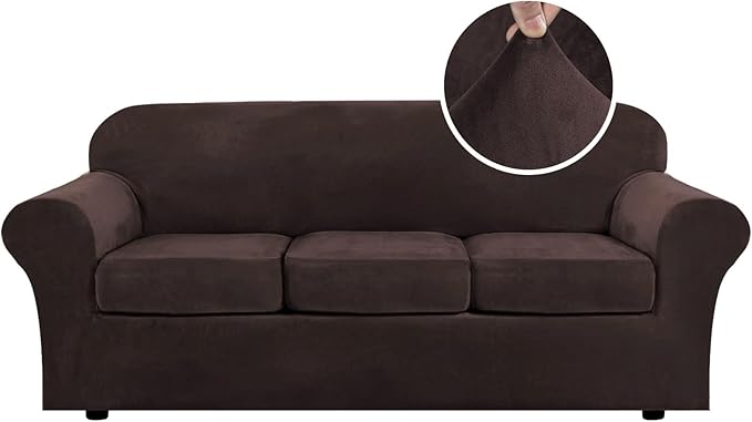 H.VERSAILTEX Modern Velvet Plush 4 Piece High Stretch Sofa Slipcover Sofa Cover Furniture Protector Form Fit Luxury Thick Velvet Sofa Cover for 3 Cushion Couch Width Up to 90 Inch (Sofa,Brown)