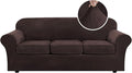 H.VERSAILTEX Modern Velvet Plush 4 Piece High Stretch Sofa Slipcover Sofa Cover Furniture Protector Form Fit Luxury Thick Velvet Sofa Cover for 3 Cushion Couch Width Up to 90 Inch (Sofa,Brown)