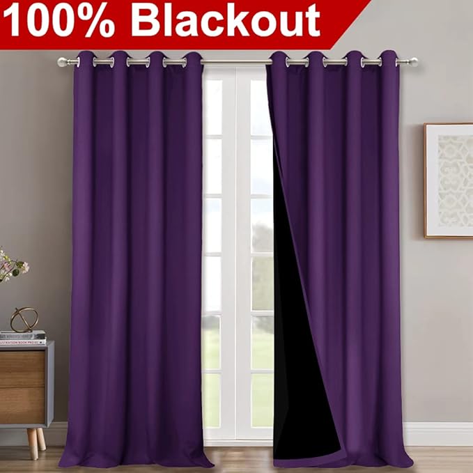 NICETOWN 100% Blackout Blinds, Set of 2, 46" x 102", Royal Purple, Laundry Room Decor Window Treatment Curtains for Large Patio Sliding Door, Thermal Insulated Curtains for Bedroom