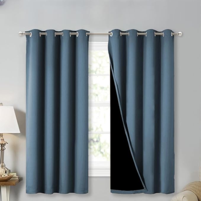 NICETOWN Extra Long Truly Blackout Drapes for Hall and Villa, 46" Width Each Panel, 45" Length, Smoky Blue, 2 Pieces, 100% Blackout Window Curtain Panels with Black Lined for Night Shift Worker