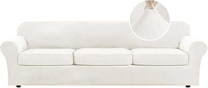 H.VERSAILTEX Modern Velvet Plush 4 Piece High Stretch Sofa Slipcover Furniture Protector Form Fit Velvet Extra Large Sofa Cover for 3 Cushion Couch Width Up to 105 Inch (XL Sofa, Porcelain White)