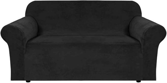 H.VERSAILTEX Stretch Velvet Loveseat Covers for 2 Cushion Couch Covers for Living Room Sofa Covers Slipcovers with Non Slip Straps Bottom, Ultra Thick Comfy Velour (Width 58"-72", Black)