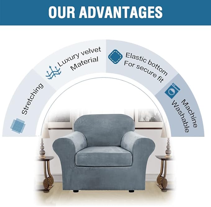H.VERSAILTEX Rich Velvet Stretch 2 Piece Cover Chair Slipcover Sofa Cover Furniture Protector Couch Soft with Elastic Bottom Chair Couch Cover with Arms Width Up to 49 Inch(Chair, Stone Blue)