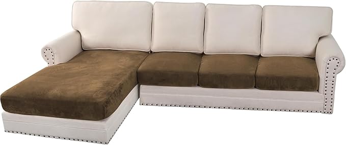 H.VERSAILTEX Velvet Stretch Sectional Couch Covers 4 Pieces Sofa Seat Cushion Covers L Shape Separate Couch Cover for Both Left/Right Sectional Couch (Large Sofa 3 Seater + 1 Chaise, Bronze Brown)