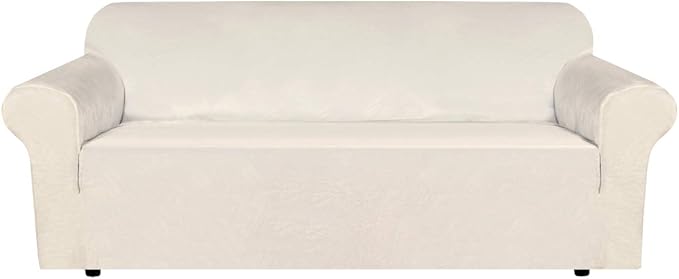 H.VERSAILTEX Stretch Velvet Sofa Covers for 3 Cushion Couch Covers Sofa Slipcovers Furniture Protector Soft with Non Slip Elastic Bottom, Crafted from Thick Comfy Rich Velour (Sofa 72"-90", Ivory)