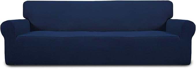 Easy-Going Stretch 4 Seater Sofa Slipcover 1-Piece Sofa Cover Furniture Protector Couch Soft with Elastic Bottom for Kids, Polyester Spandex Jacquard Fabric Small Checks Navy