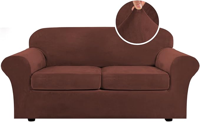H.VERSAILTEX Real Velvet Plush 3 Piece Stretch Sofa Covers Couch Covers for 2 Cushion Couch Sofa Slipcovers Width Up to 90 Inch Feature Thick Soft Stay in Place (Sofa, Burnt Brick)