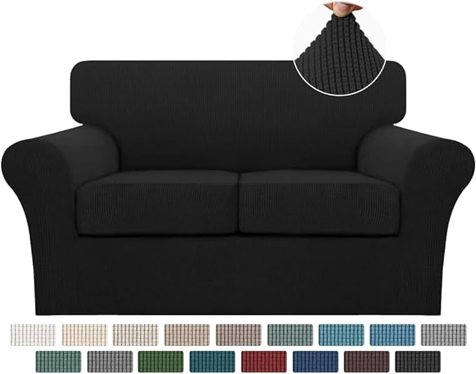 Turquoize 3 Piece Sofa Covers for 2 Cushion Couch Sofa Slipcover Soft Couch Cover for Dogs-Washable Sofa Furniture Covers with 2 Individual Cushion Covers, Feature Jacquard Fabric (Loveseat, Black)