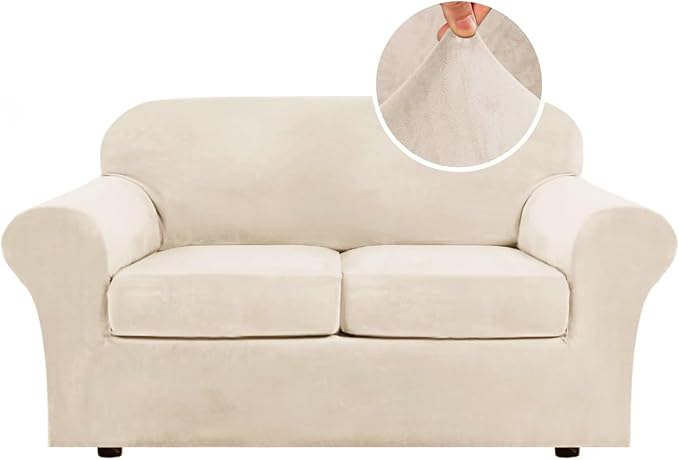 H.VERSAILTEX 3 Piece Stretch Sofa Covers Couch Covers for 2 Cushion Couch Loveseat Covers Width Up to 72 Inch Feature Thick Soft Stay in Place (Medium Sofa, Cream)