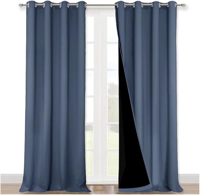 NICETOWN 100% Blackout Blinds, Set of 2, 46" x 96", Stone Blue, Laundry Room Decor Window Treatment Curtains for Large Patio Sliding Door, Thermal Insulated Curtains for Bedroom