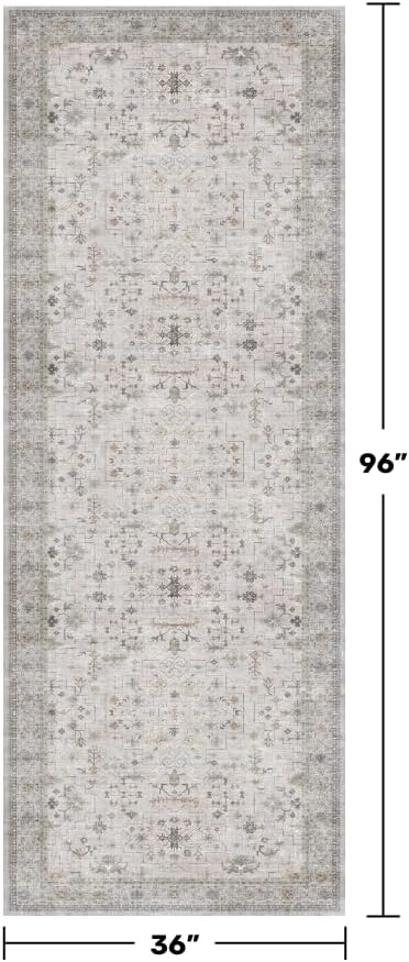 Hazo Haus Floral 3x8 Wide Hallway Runner - Light Gray with Taupe Accent, Boho Eclectic Decor, Washable Low Pile Non Slip Stain Resistant Rug for Long Kitchen, Large Bathroom, Hall Way