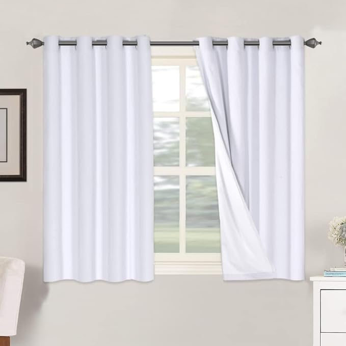 H.VERSAILTEX Linen Blackout Curtains 45 Inches Long 100% Blackout Thermal Insulated Textured Linen Look Curtain Draperies Anti-Rust Grommet, Energy Saving with White Liner, 2 Panels, Bright White