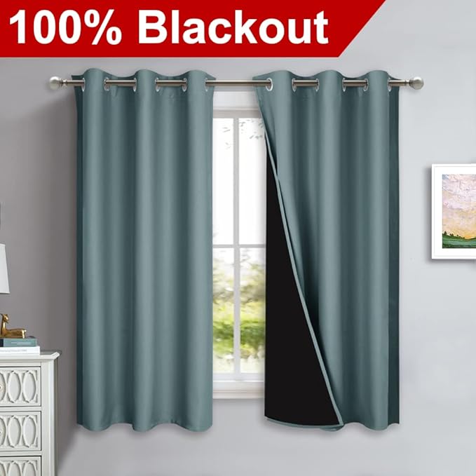 NICETOWN 100% Blackout Short Curtains with Black Liners, 2 Panels, 37" W by 40" L, Greyish Blue, Solid Thermal Insulated Full Blackout 2-Layer Lined Drapes, Energy Efficiency Window Drapes for Bedroom