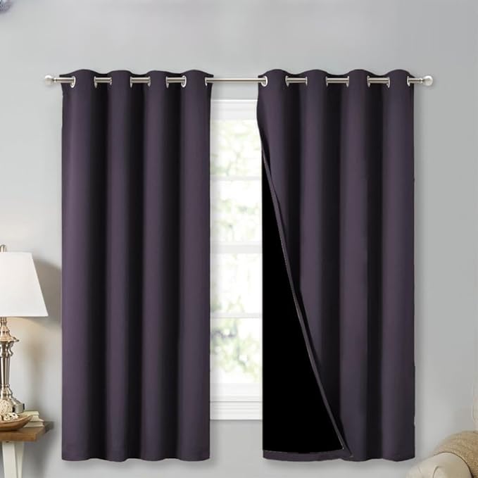 NICETOWN 100% Blackout Curtains 45" Long, Greyish Purple, 1 Pair, 52" Width Each Panel, 2 Thick Layers Completely Blackout Window Treatment Thermal Insulated Lined Drapes for Small Window