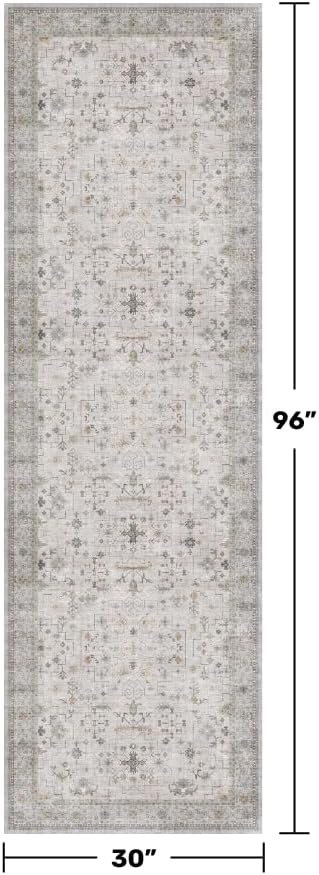 Hazo Haus Light Gray Washable 2'6"x8' Wide Runner Rugs for Kitchen, Bathroom, Hallway, Non-Slip & Stain Resistant Long Floor Rug, Neutral Boho Floral Décor