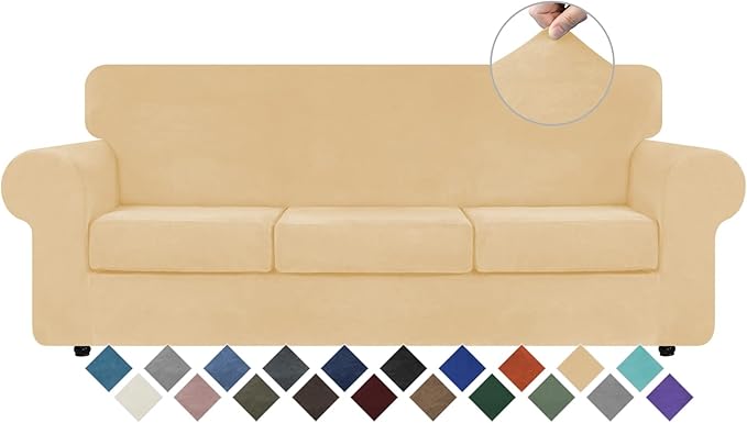 WEERRW 4 Pieces Velvet High Stretch Couch Covers for 3 Cushion Couch Sofa Slipcovers, Washable Furniture Protector with Non Slip Elastic Bottom, Feature Soft and Thick Plush Fabric, Champagne, Large