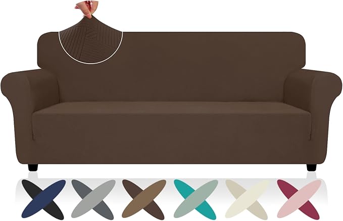 ZNSAYOTX Super Stretch Sofa Cover (72"-92"), New Striped Sofa Covers Fitted Slipcovers with Elastic Bottom, Dog Cat Pets Proof Spandex Washable Fabric Comfortable & Durable (Coffee, Sofa)